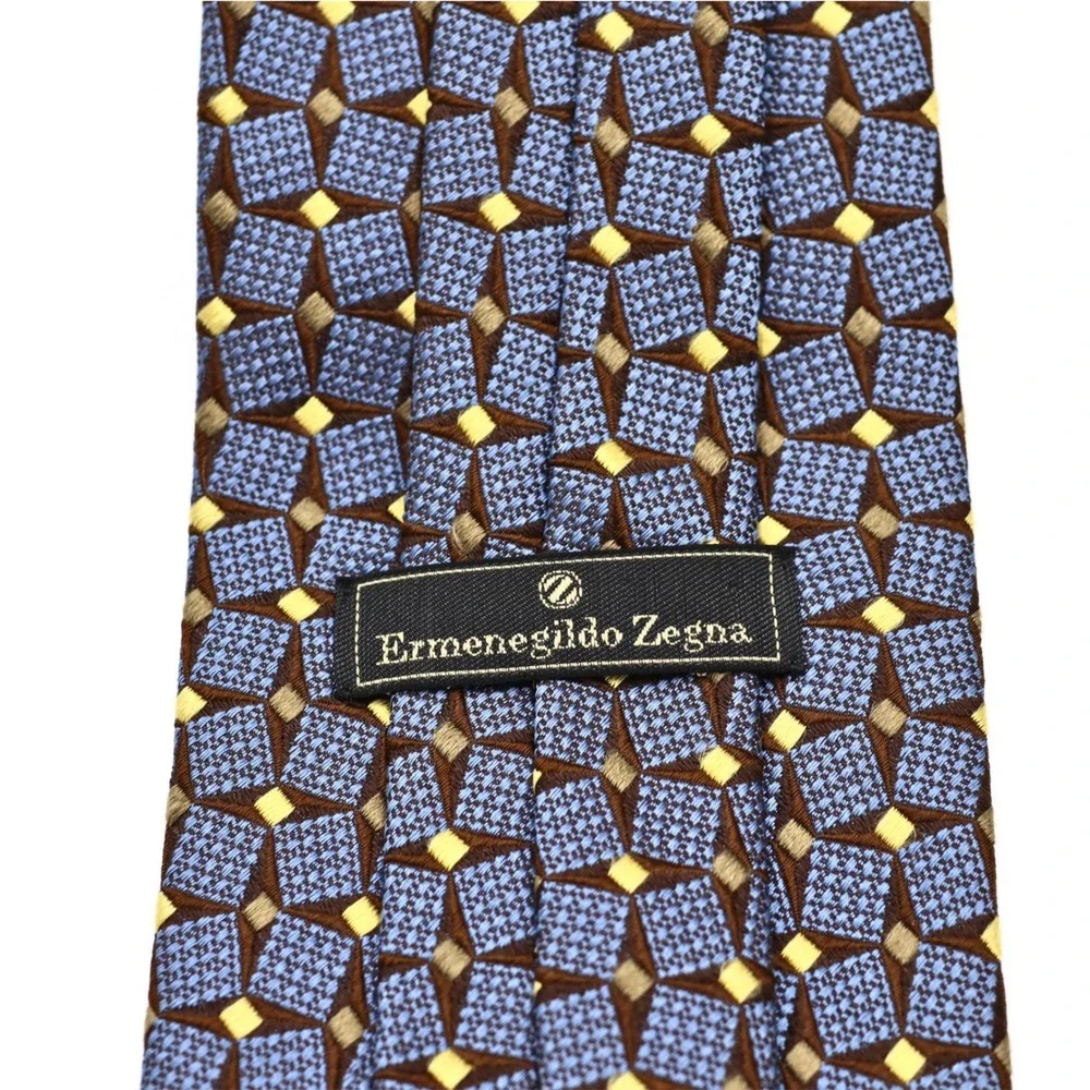 Ermenegildo Zegna Silk Tie Blue‎ Brown Yellow Geometric Diamond Pattern Italy